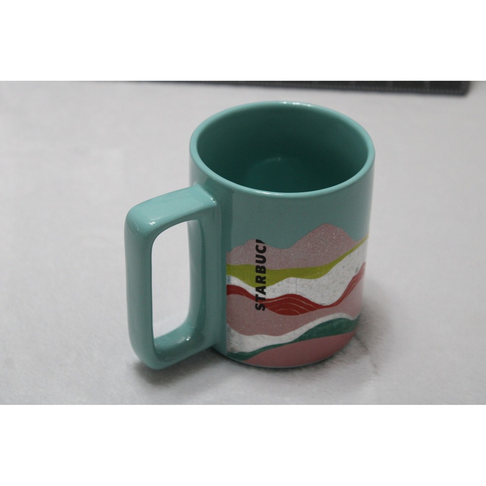 Starbucks Teal Blue Abstract Mountain Landscape Ceramic Mug Rectangular Handle